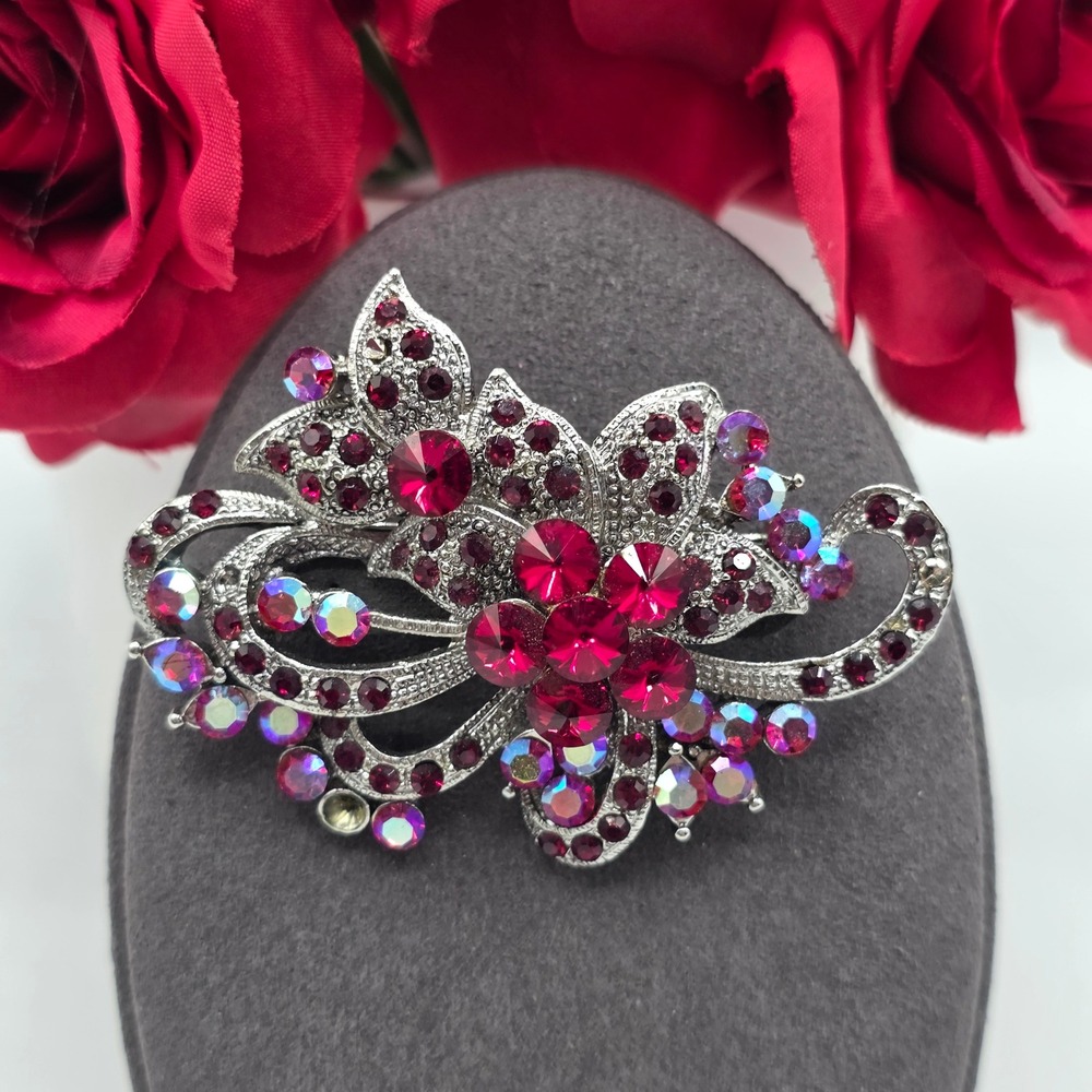 Beau Jewels Vintage Red Aurora Borealis Rhinestone Floral Brooch Silver Tone